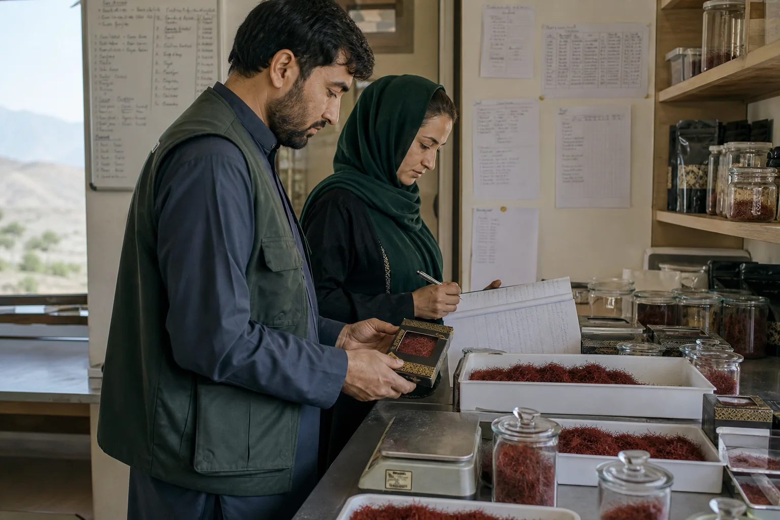 Editorial representation of Afghan founders reviewing saffron quality and records