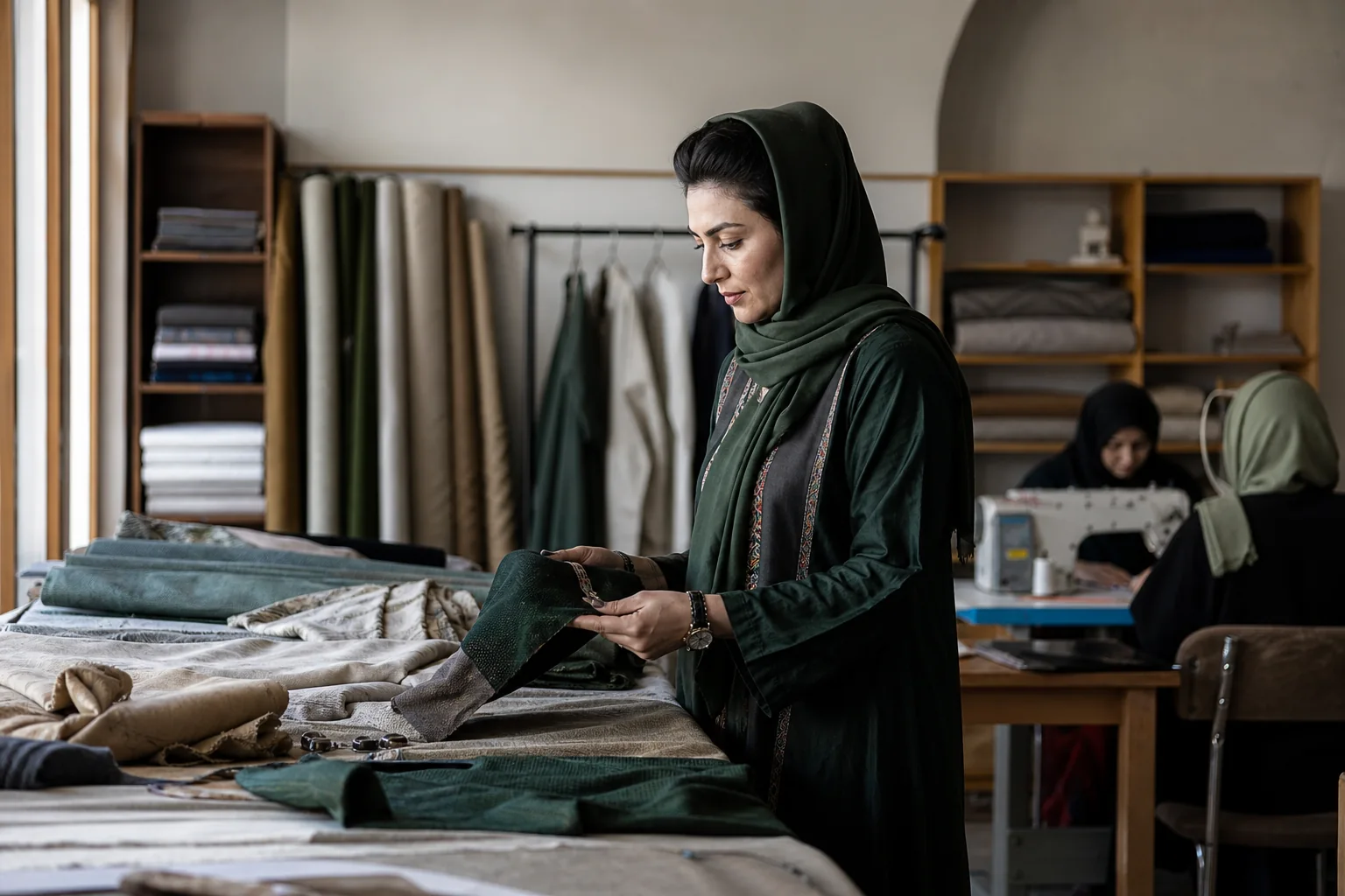 Editorial representation of an Afghan textile founder reviewing materials in her workshop
