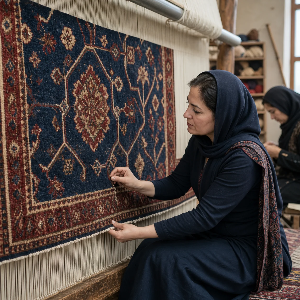 Afghan carpet entrepreneur inspecting a hand-knotted carpet on a loom
