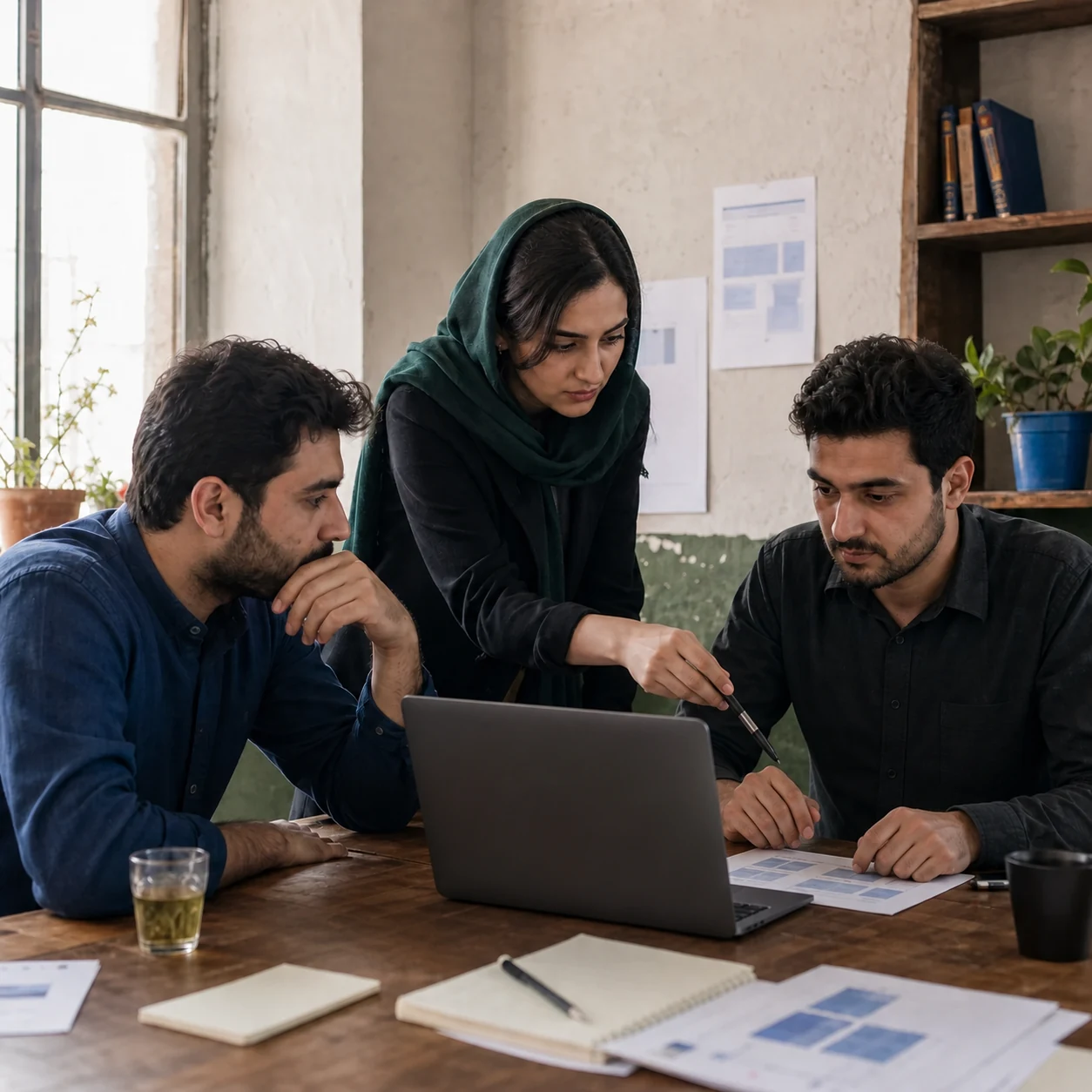 Afghan digital-services founder leading a product review with developers