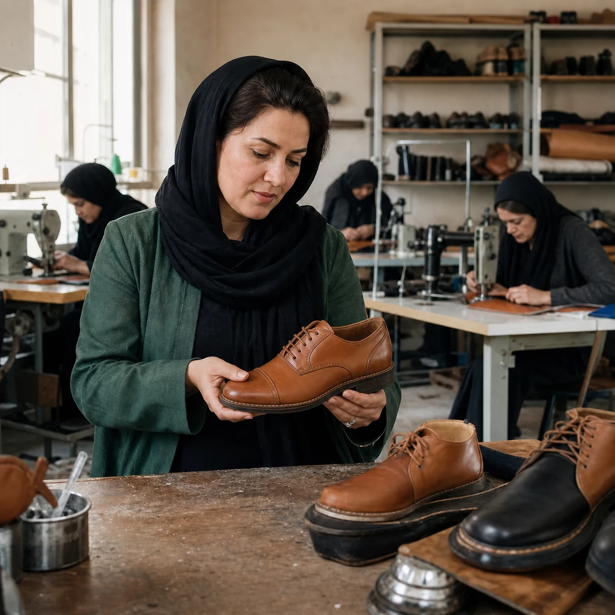 Afghan footwear entrepreneur checking shoe stitching in a small workshop