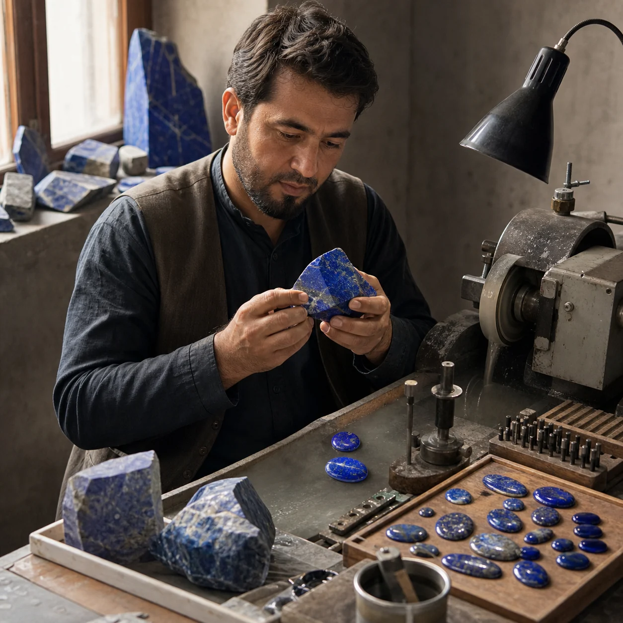 Afghan lapis craft entrepreneur examining stone at a cutting and polishing bench