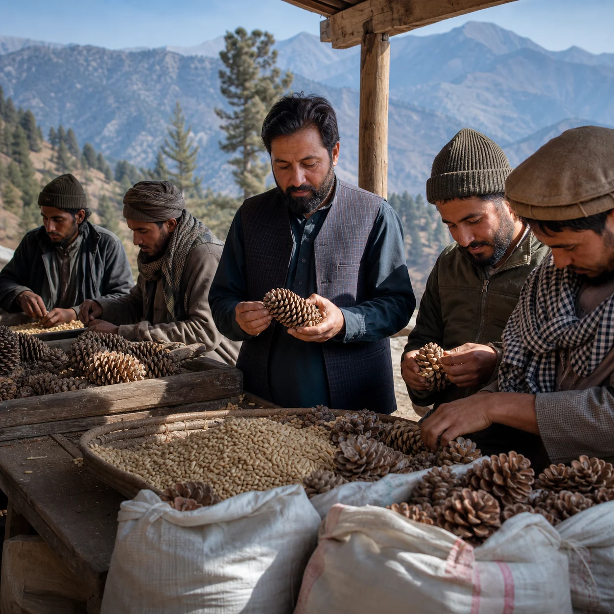 Afghan pine-nut enterprise sorting chilgoza cones and kernels in the mountains