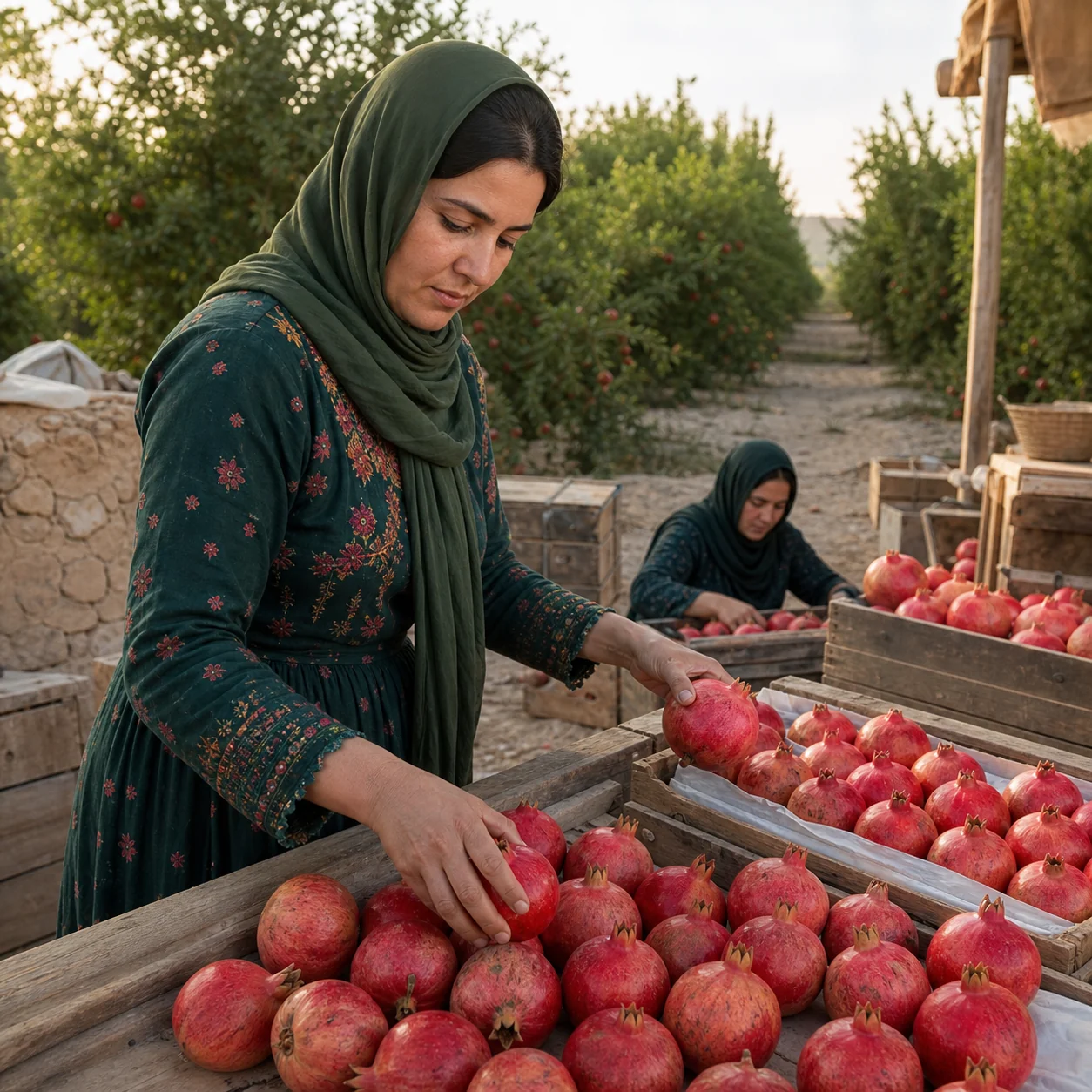 Afghan entrepreneur grading pomegranates in a Kandahar orchard