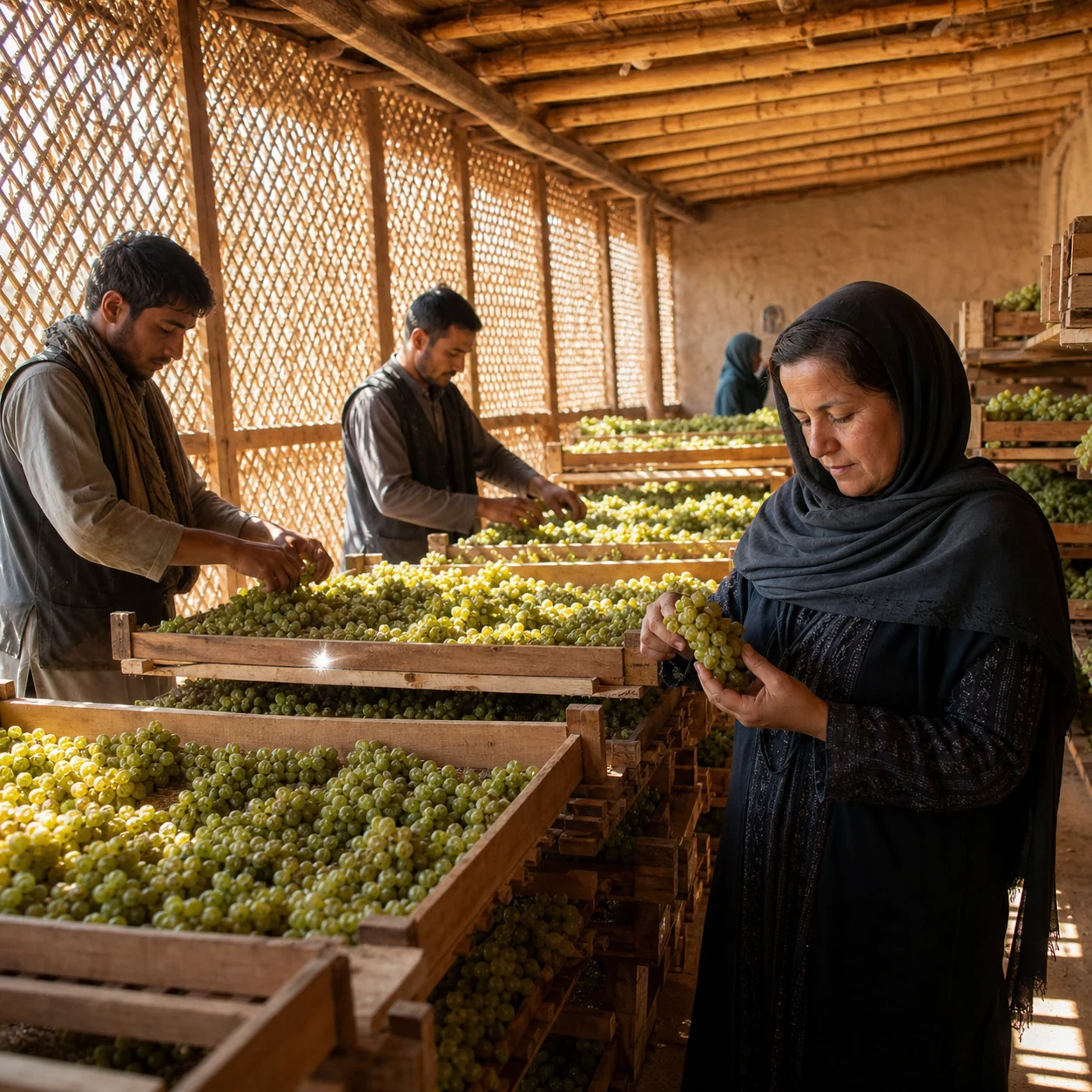 Afghan dried-fruit workers preparing grapes inside a traditional raisin house