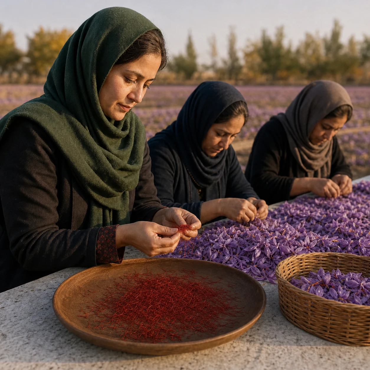 Afghan women sorting saffron flowers and threads in a Herat field