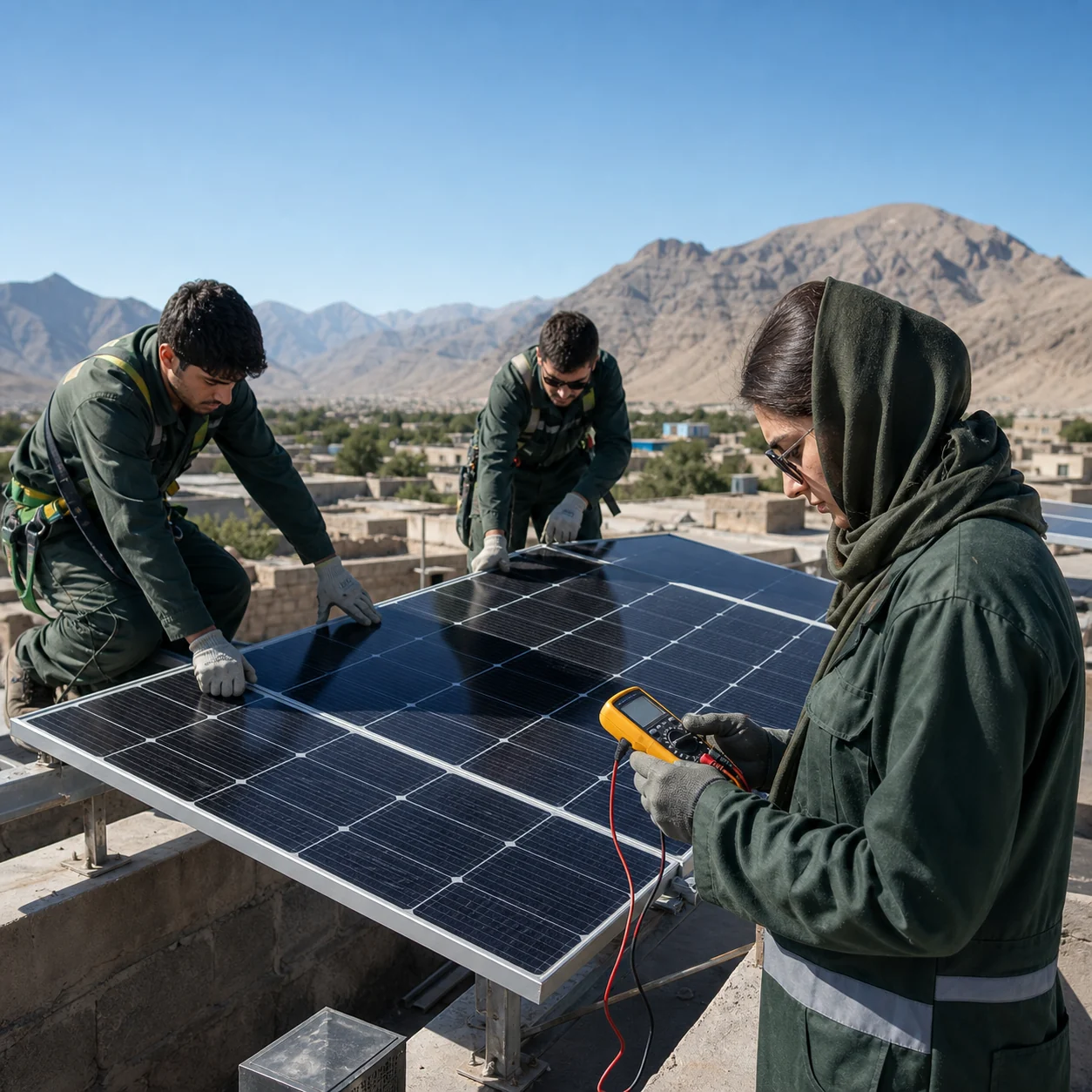 Afghan solar technicians installing and testing rooftop panels