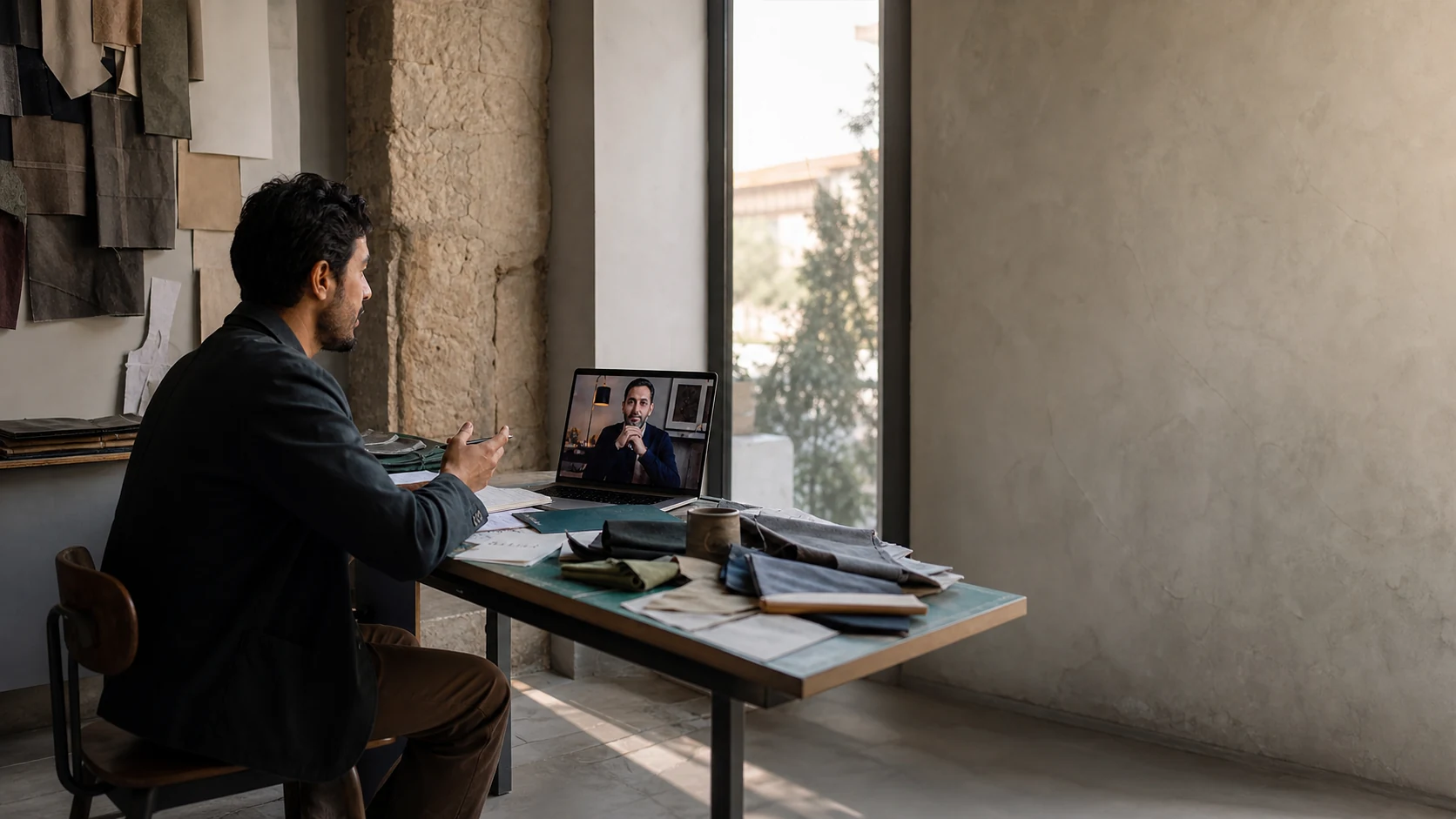 Afghan founder speaking with a diaspora mentor by video call, with both participants fully visible