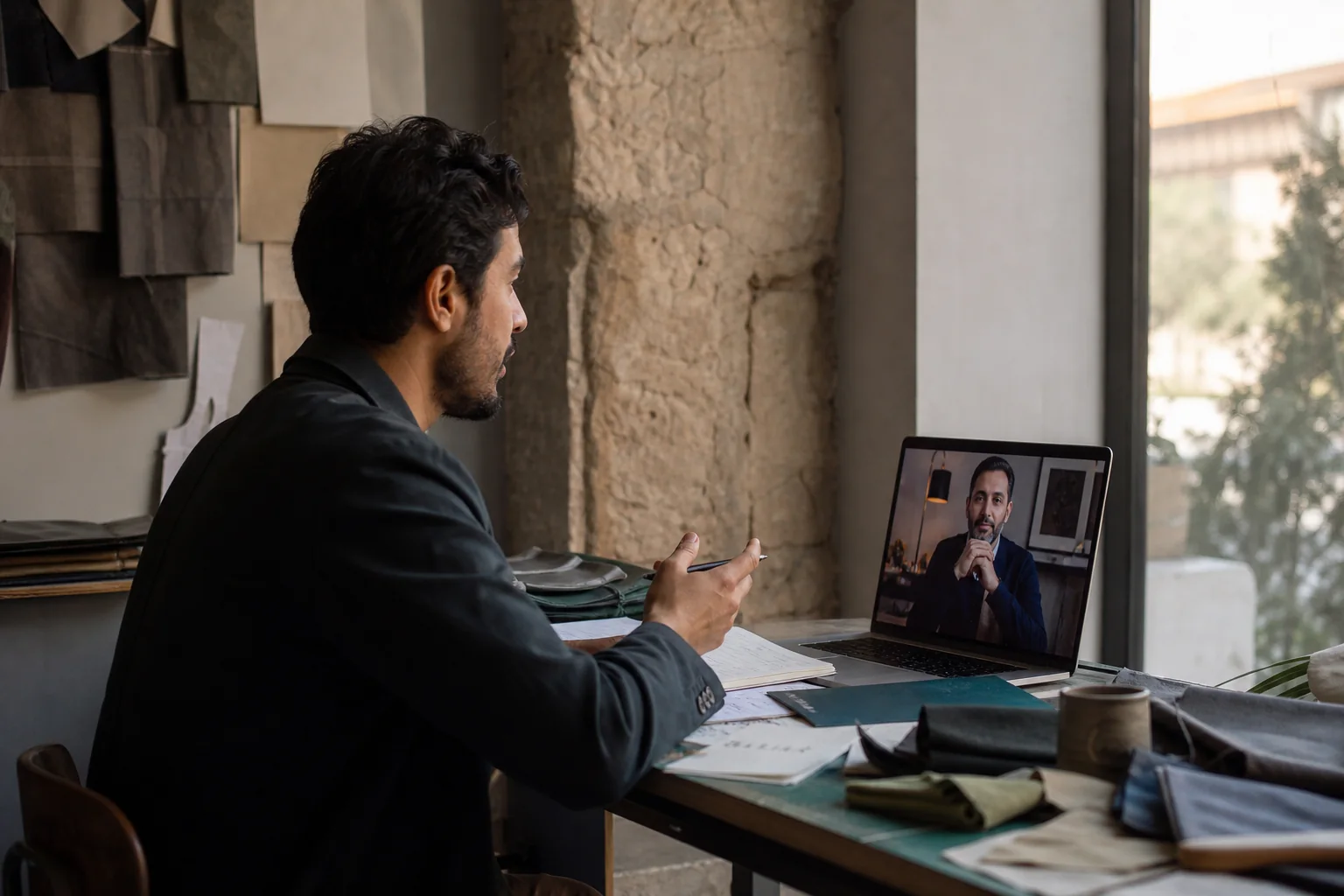 Editorial representation of a founder in conversation with a diaspora mentor
