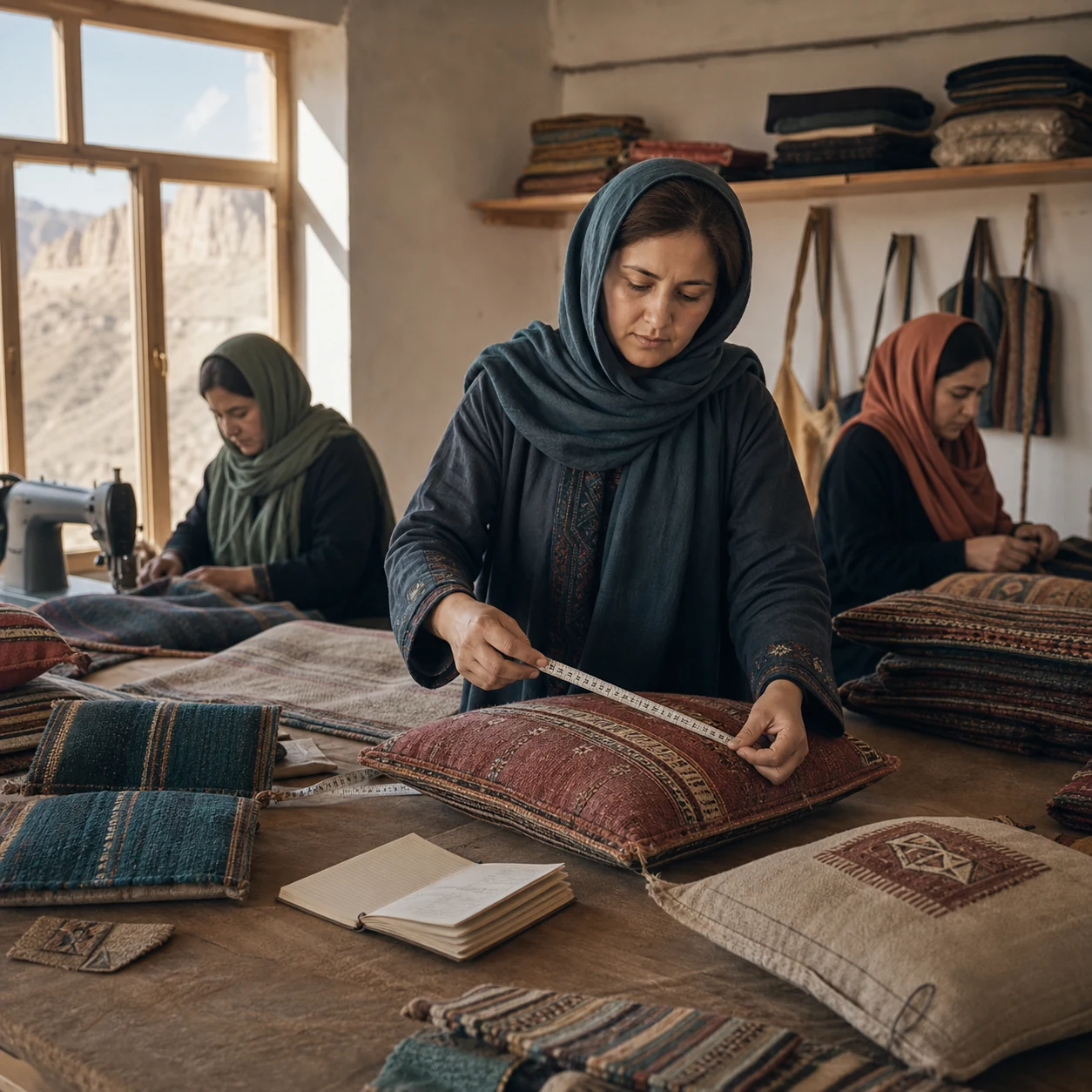 Afghan home-goods founder checking measurements and finishing in a Bamyan studio