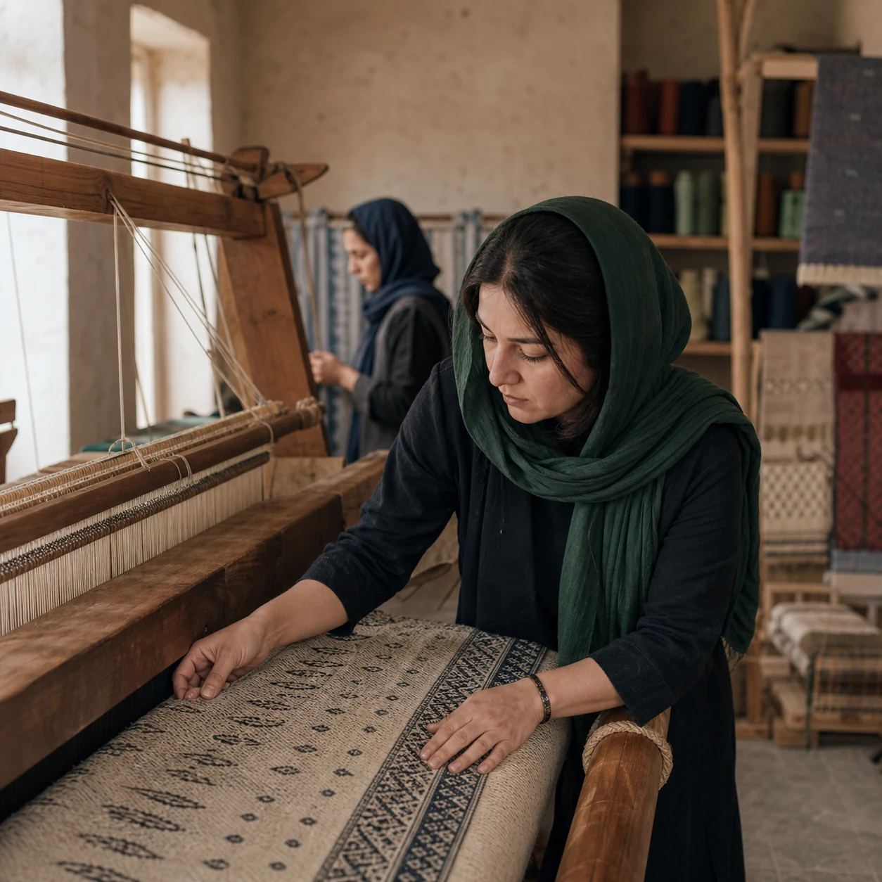 Afghan textile founder checking a woven piece at a loom in her workshop
