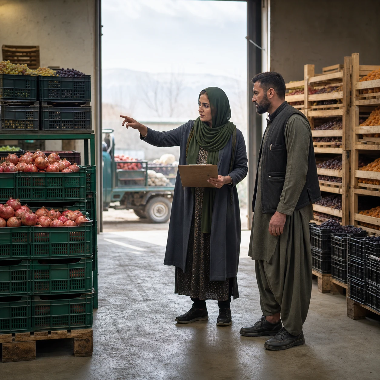 Afghan food-distribution founder reviewing produce storage with a supplier