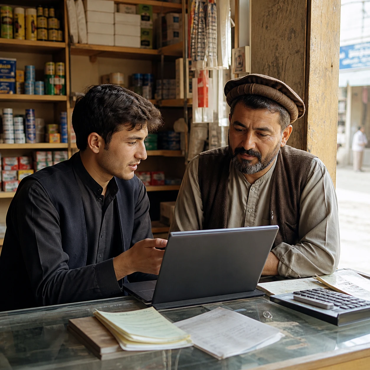 Afghan software founder testing a digital ledger with a neighborhood shop owner