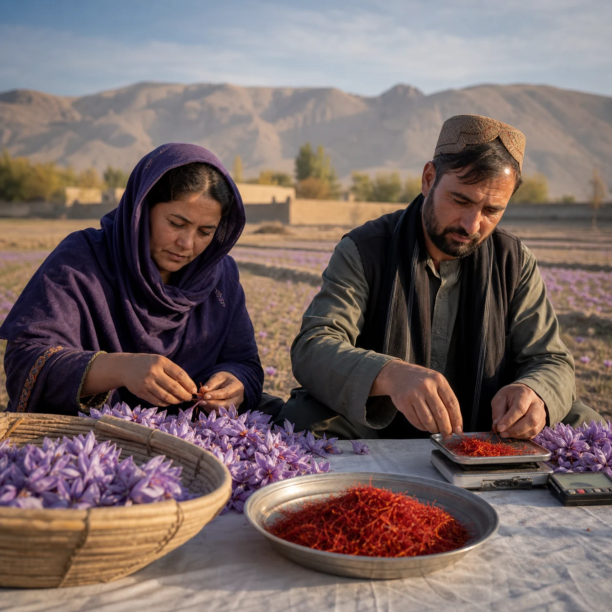 Afghan saffron producers sorting flowers and checking harvested saffron at the source