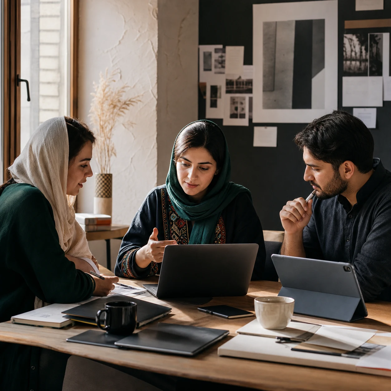 Afghan digital founder leading a project review with independent professionals